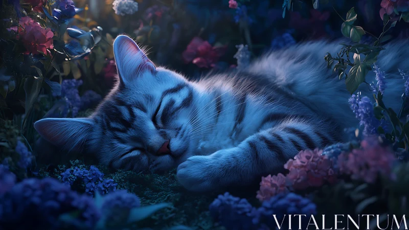 Slumbering Tabby Dreams Among Neon Blooms