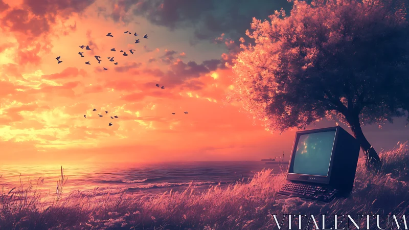 Retro computer rests under neon sunset sky by sea shore.