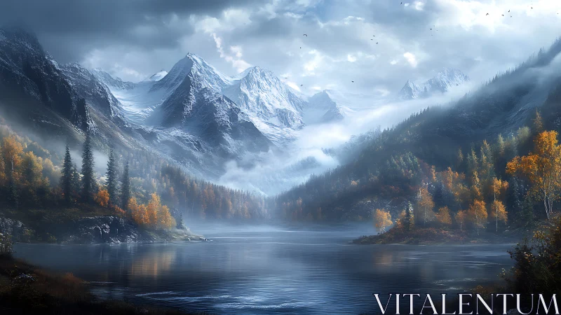 Snowcapped mountains rise above a misty autumn lake scene.
