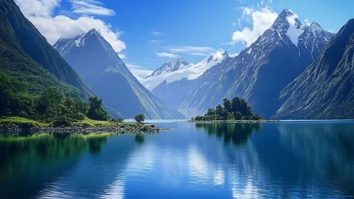 Glacial fjord basin with mirrored alpine massifs and islet vegetation.