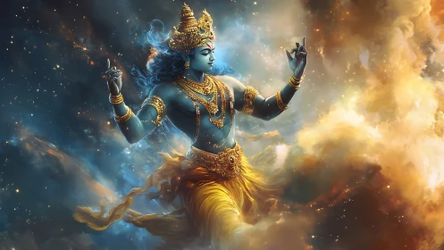 Blue-skinned deity figure is rendered in luminous cosmic space
