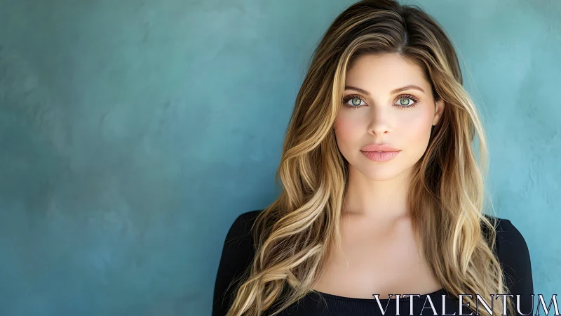 Portrait of young blonde woman against teal studio wall.