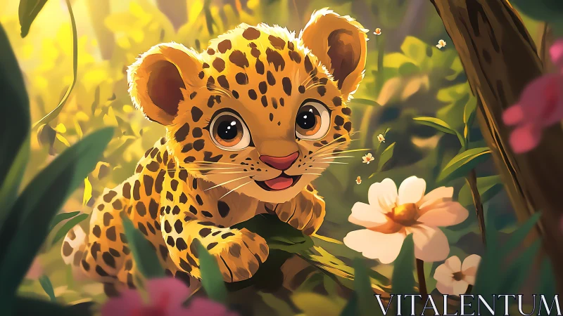 Digital painting of playful leopard cub in luminous jungle setting.
