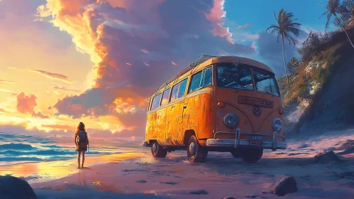 Sunlit retro van rests on tropical beach at vivid dusk.