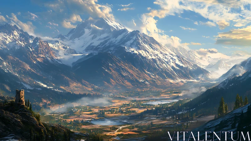 Snow-covered mountain valley landscape is rendered in detail