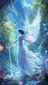 Winged guardian wields radiant sword in crystal forest.