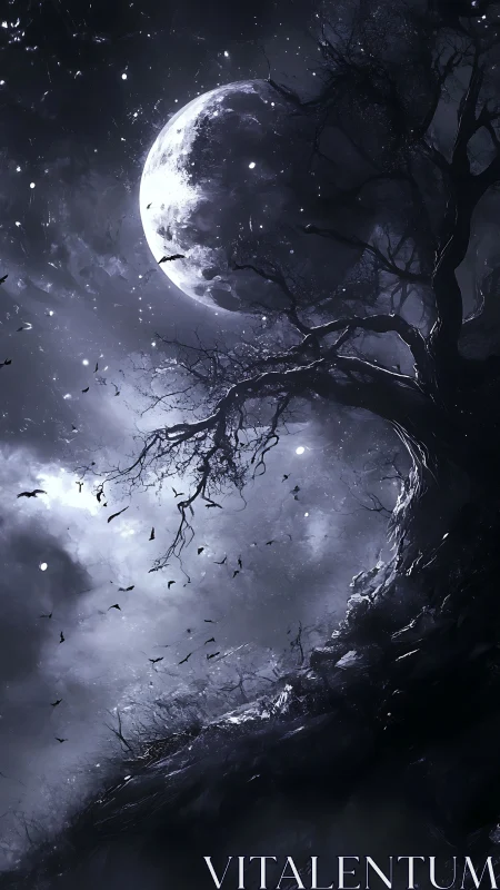 Nocturnal moonrise over twisted cliffside in digital painting.