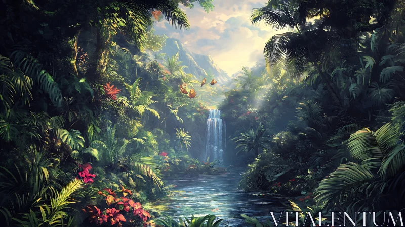 Hidden jungle waterfall hums softly beneath emerald canopies