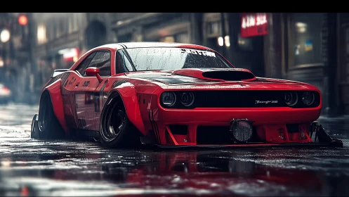 Widebody red muscle car crouches low on a rainy city street.