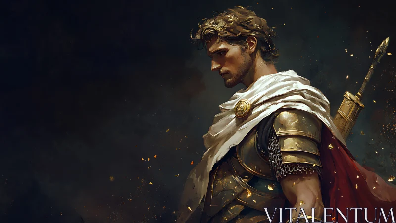 Profile portrait of armored Roman commander in ember-lit dusk