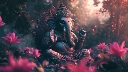 Serene elephant deity in lotus garden under ethereal glow.