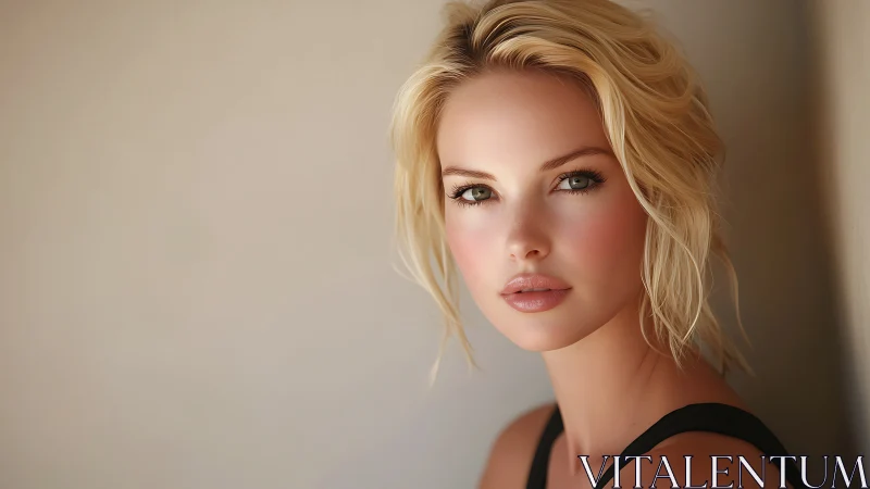 Blonde woman portrait against neutral background wall.