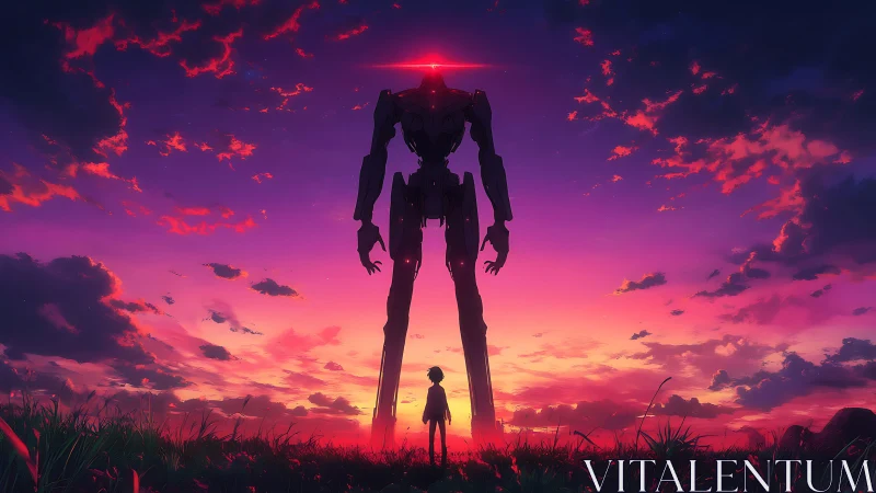 Silhouetted child and towering robot under vivid sunset sky.