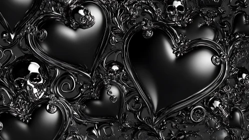 Black metallic hearts with skull motifs and ornate curls.