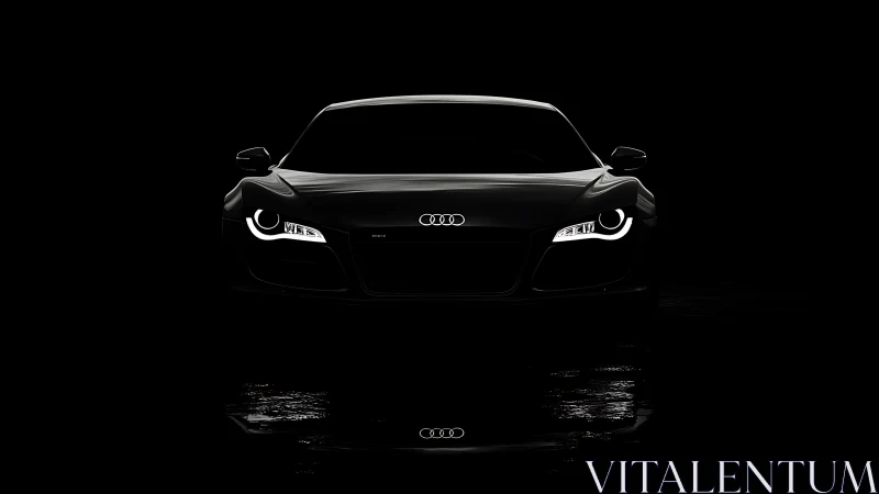 Front view of black sports car with illuminated headlights.