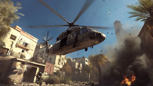 Urban combat insertion with low-hovering tactical helicopter.
