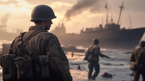 Quiet resolve on a stormy wartime shoreline at dusk.