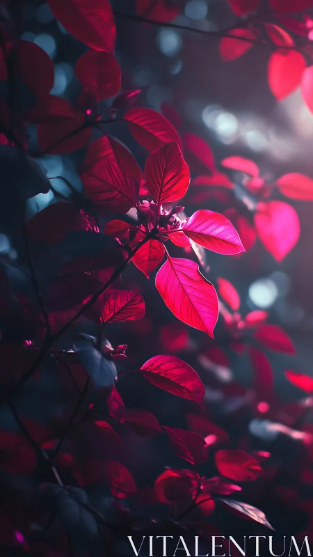 Red foliage is illuminated by directional light in shallow focus