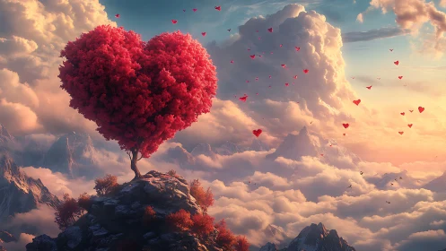 Heart-shaped tree rendered in volumetric crimson with particle dispersion.