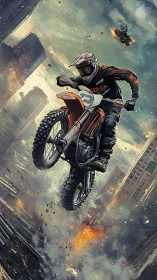 Fearless dirt biker soaring through a crumbling city skyline.
