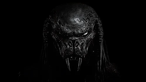 Dark extraterrestrial creature head render on black background.