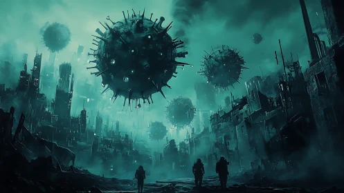 Spherical drones patrol cyan-lit post-apocalyptic ruins with volumetric haze