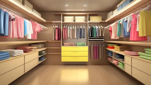 Walk-in wardrobe with modular shelving and color-organized garments