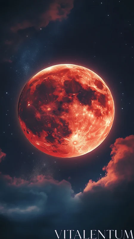 Luminous blood moon above cloud deck in deep night sky