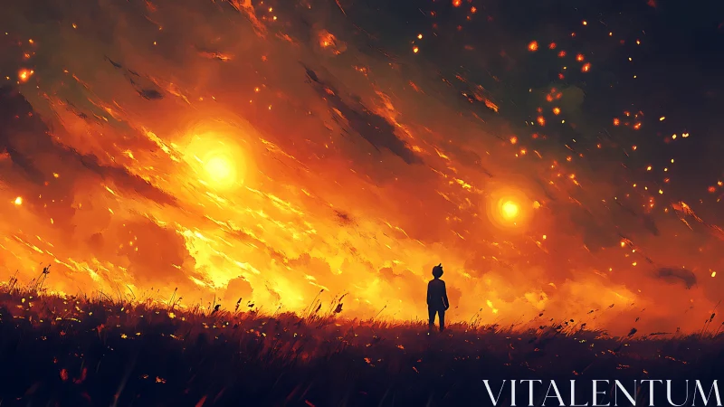 Solitary Figure Standing Amid Glowing Cosmic Fire.