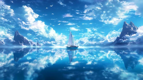 Single sailboat traverses mirrorlike sea under volumetric clouds