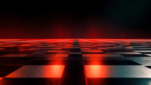Futuristic checkered floor glowing with red neon lights in darkness.
