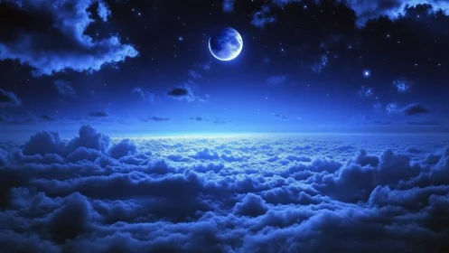 Moonlit cloud ocean under a deep velvet midnight sky.