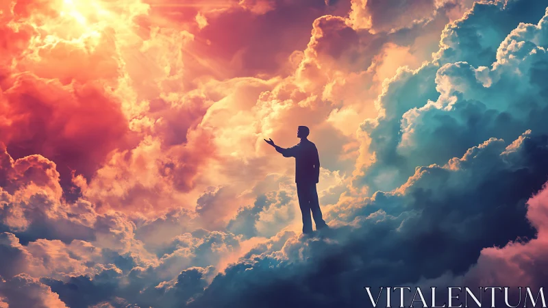 Silhouette man stands on colorful clouds under radiant sky