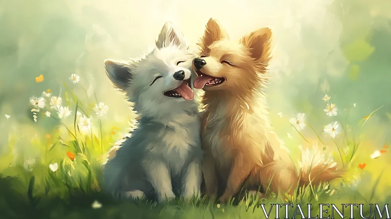 Sunny meadow mischief: two giggling puppies in bloom.