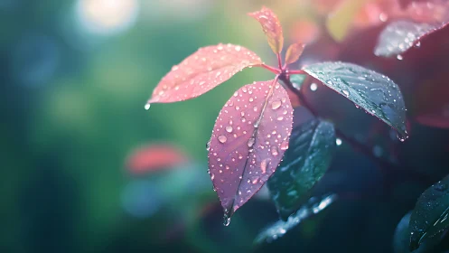 Morning raindrops rest softly on pink and green garden leaves