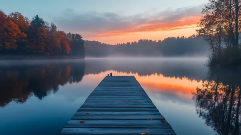 Serene wooden pier leads into misty autumn sunrise lake.