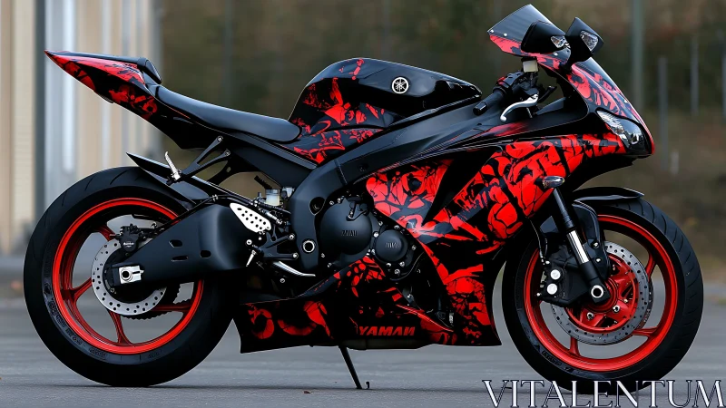 Sport superbike displays aggressive red splatter livery on matte black