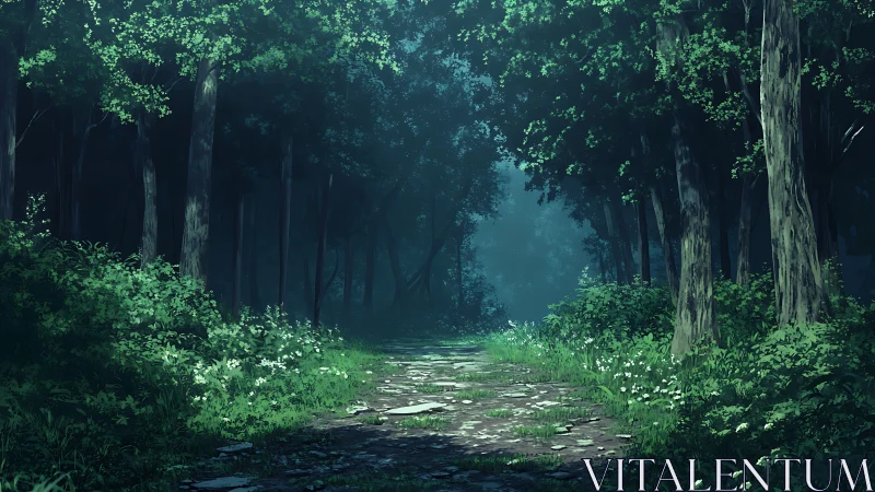 Enchanted forest path through misty ancient woodland.