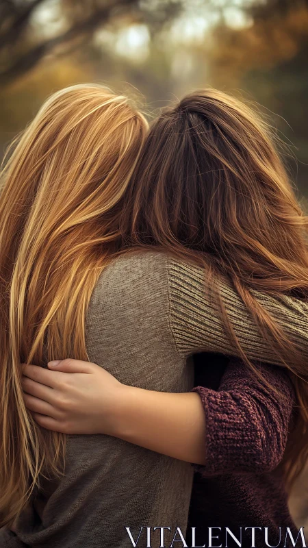 Two figures with long hair, viewed from behind in outdoor setting.