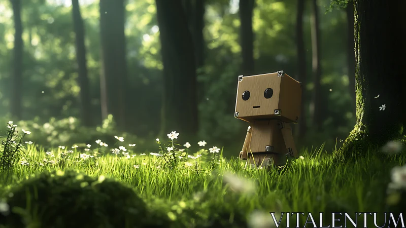 Box robot stands in sunlit forest clearing among flowers
