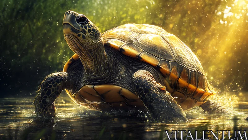 Golden light bathes a majestic turtle wading through water