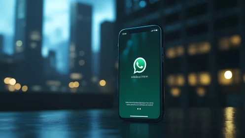 Smartphone with WhatsApp screen in moody city nightscape.