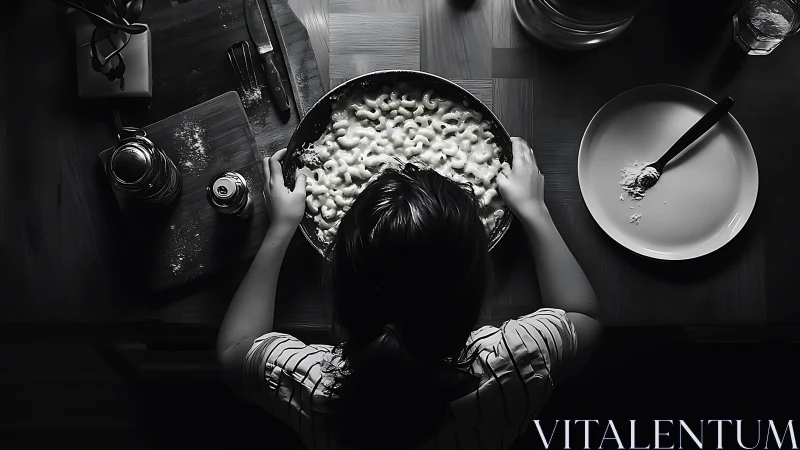 Child leans over bowl of macaroni in moody monochrome light.