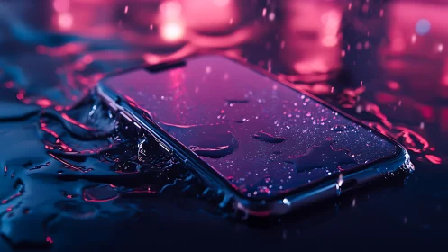 Smartphone lying in shallow water under neon lighting.