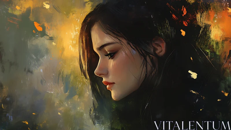 Melancholic profile of young woman amid glowing strokes.