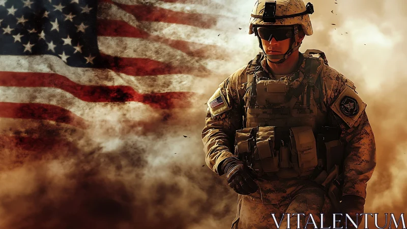 US soldier strides through desert smoke before faded flag.