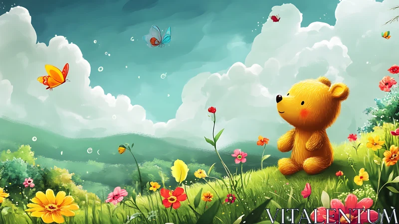 Cartoon bear sits in flower field under cloudy sky