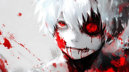 Monochrome ghoul portrait with crimson ocular focus and gore