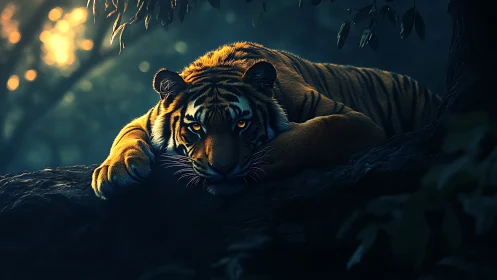 Solitary tiger resting on branch in moody forest light.