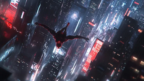 Lone masked hero dives through neon rain over cyber city